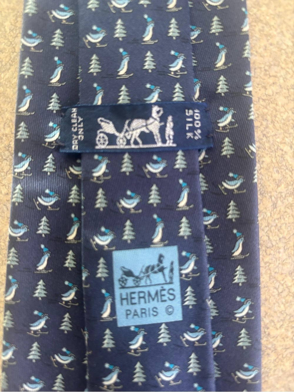 Hermes Navy Blue Silk Tie with Penguin Motif